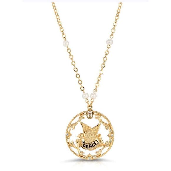 1928 Gold Tone Faux Pearl Peace Necklace 30” Peace is in gold color. NWT. - Picture 1 of 7